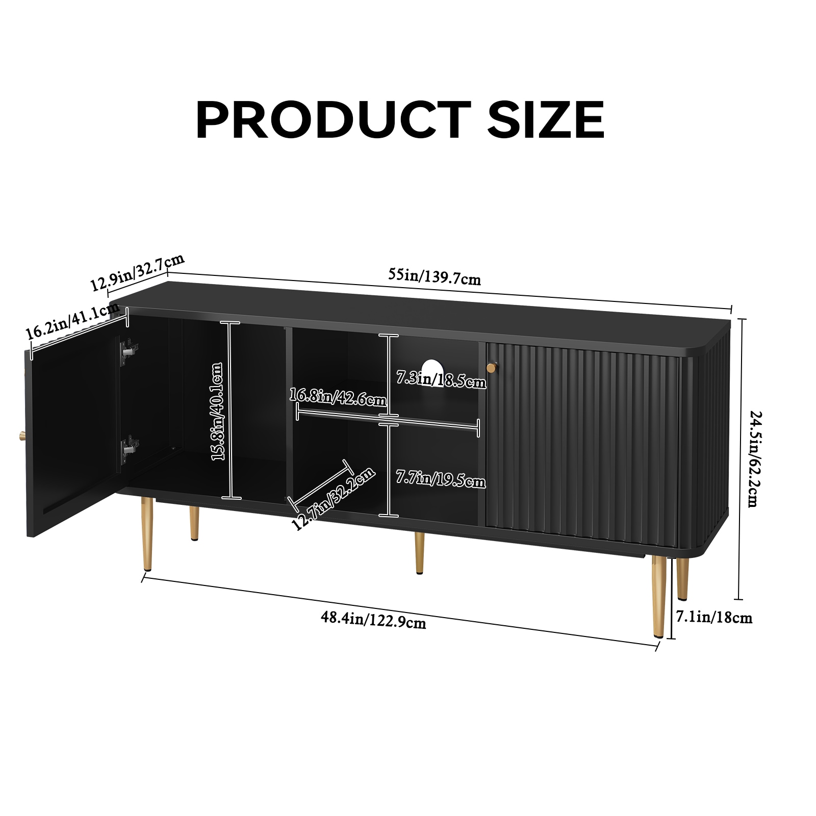 Mid Century Modern TV Stand With Fluted Doors, 55/60/65 Inch White Entertainment Center With Storage, Media Console For Living Room, Bedroom, Black_maomaolike.com